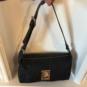 Fendi FF Zucca Monogram Black Nylon Peak-A-Boo Front Shoulder Baguette Bag